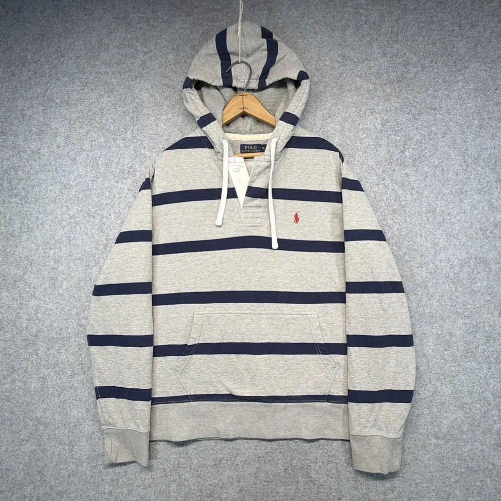 Polo Ralph Lauren Gray Blue Striped Rugby Hoodie Polo Shirt Long Sleeve Men XL